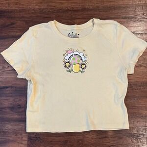Womens Butter Yellow Crop Baby Tee Hippie Boho Mushroom Festival Summer Medium‎